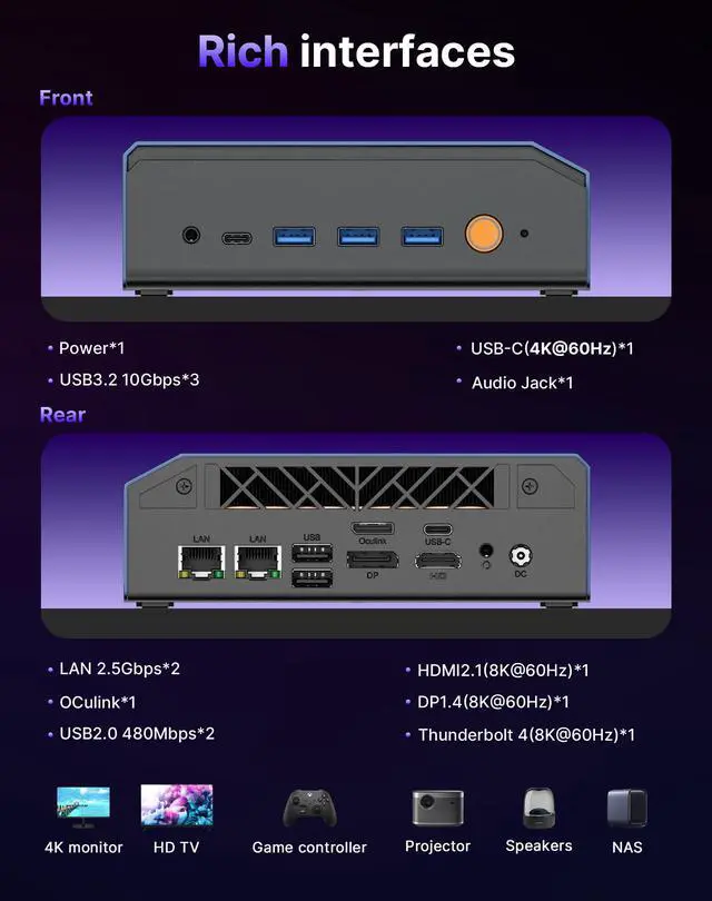 Alt view image 4 of 7 - BOSGAME M7 Mini PC, Intel Core Ultra 9 285H (16C/16T, Up to 5.4GHz), 32GB DDR5 5600MHz 1TB PCIe4.0 SSD, OCulink, Dual 2.5G LAN, Thunderbolt 4, Quad 8K Display, WiFi 6, BT 5.2