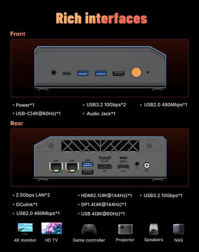 Alt view image 4 of 7 - BOSGAME VTA-439 AI Mini PC, AMD Ryzen AI 9 HX 470 (86 TOPS) up to 5.2GHz, 32GB DDR5, 1TB NVMe SSD, OCuLink PCIe4.0 x4, 2x2.5G LAN, Mini Desktop Computer Wi-Fi 7