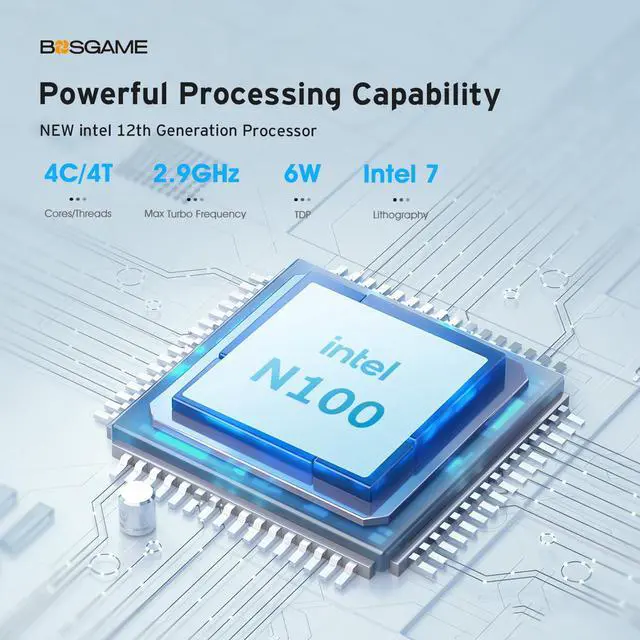 Alt view image 2 of 7 - BOSGAME B100 Mini PC Intel 12th Gen N100 Windows 11 Pro, 16GB DDR4 RAM 512GB PCIe x1 SSD Mini Desktop Computers, 4K Triple Display by Dual HDMI+Type-C for Home, Office