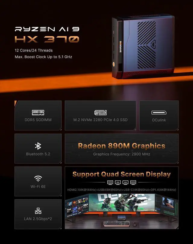 Alt view image 2 of 7 - BOSGAME M6 mini PC, AMD Ryzen AI 9 HX 370 (12-Core) | Radeon 890M | 32GB DDR5 | 1TB NVMe SSD | Dual 2.5G LAN, USB4 | OCulink | Quad 8K Display, WiFi 6E & BT 5.2, Windows 11 Pro (Gaming & Workstation)