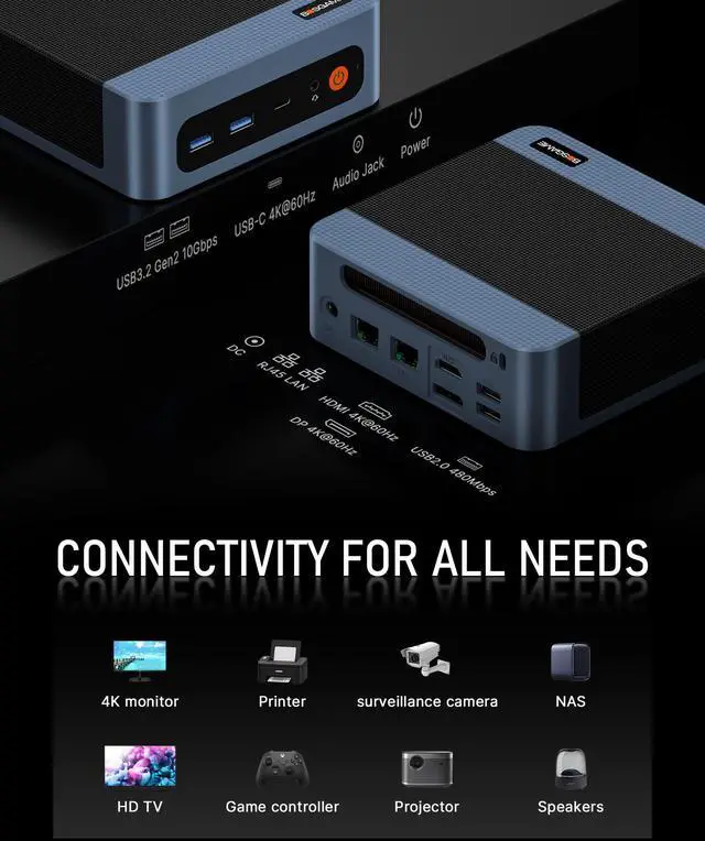 Alt view image 4 of 7 - Mini Desktop PC BOSGAME E5, Dual 2.5G LAN, AMD Ryzen 3 5300U (4C/8T up to 3.8GHz), 16GB DDR4 1TB SSD, Triple 4K Display, Wi-Fi 5 & BT 5.0, Pre-installed Windows 11 Pro, for Work & Home