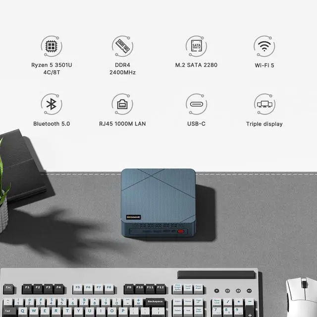 Alt view image 5 of 7 - BOSGAME E2 Air Mini PC Windows 11 Pro, AMD Ryzen 5 3501U (4C/8T) up to 3.7GHz, 8GB DDR4 256GB SSD, Radeon Vega 8 Graphics, Dual HDMI 2.0 4K Triple Monitor Display, Small Form Factor Desktop