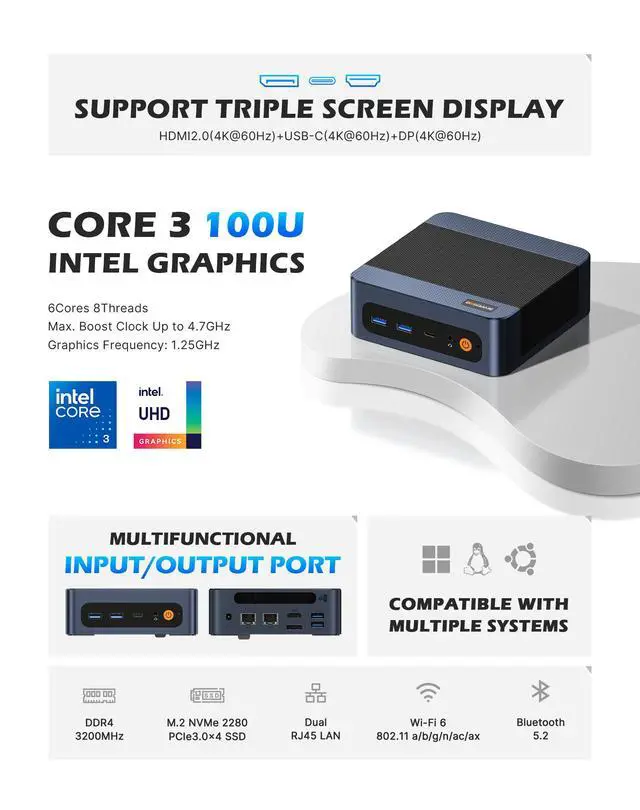 Alt view image 3 of 7 - BOSGAME E7 Mini PC Windows 11 Pro, Intel Core 3 100U (6C/8T up to 4.7GHz), 16GB DDR4 512GB NVMe SSD, Dual RJ45 LAN, WiFi 6, Triple 4K Display, Business Home Desktop Computer