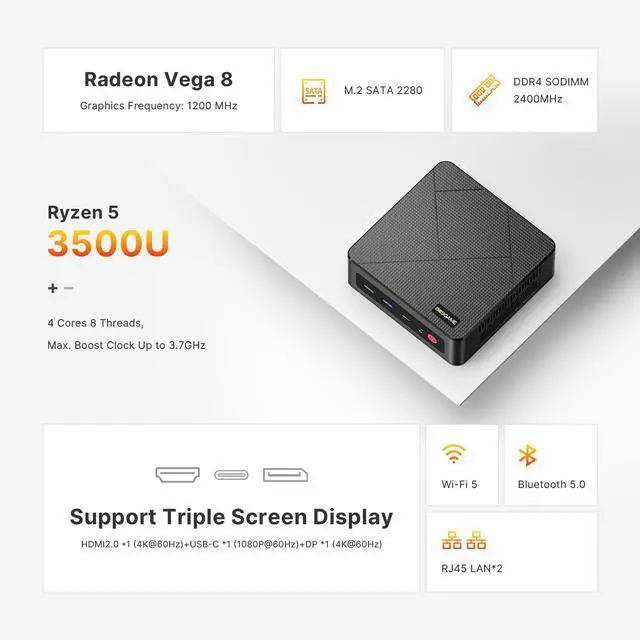 Alt view image 2 of 7 - BOSGAME E4 Air Mini PC, AMD Ryzen 5 3500U up to 3.7GHz, 8GB DDR4 256GB SSD, Dual Gigabit LAN, Triple 4K Display, WiFi 5 & BT 5.0