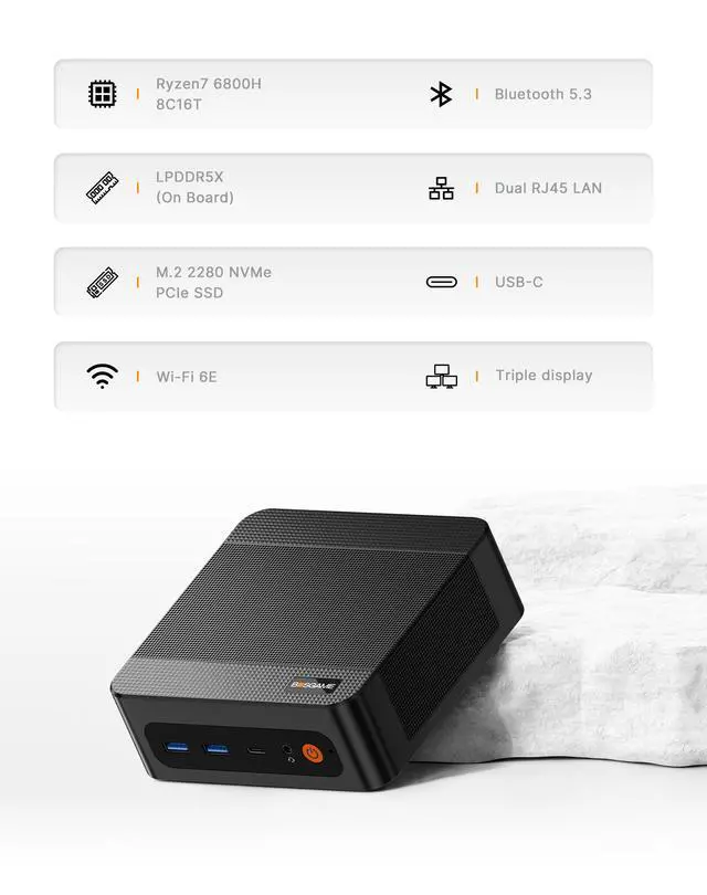 Alt view image 3 of 7 - BOSGAME P6 Neo Mini PC, Ryzen 7 6800H, 24GB LPDDR5X 1TB SSD, Win 11 Pro, Triple 4K, WiFi 6E, Dual LAN