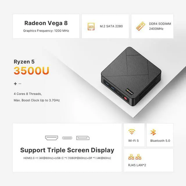 Alt view image 2 of 7 - BOSGAME E4 Air Mini PC, AMD Ryzen 5 3500U up to 3.7GHz, 8GB DDR4 (up to 32GB),256GB SSD, Dual Gigabit LAN, Triple 4K Display, WiFi 5 & BT 5.0