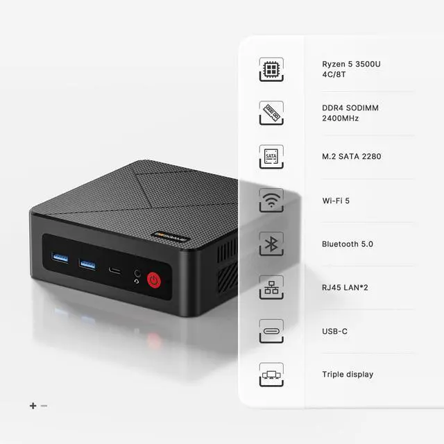 Alt view image 3 of 7 - BOSGAME E4 Air Mini PC, AMD Ryzen 5 3500U up to 3.7GHz, 8GB DDR4 (up to 32GB),256GB SSD, Dual Gigabit LAN, Triple 4K Display, WiFi 5 & BT 5.0