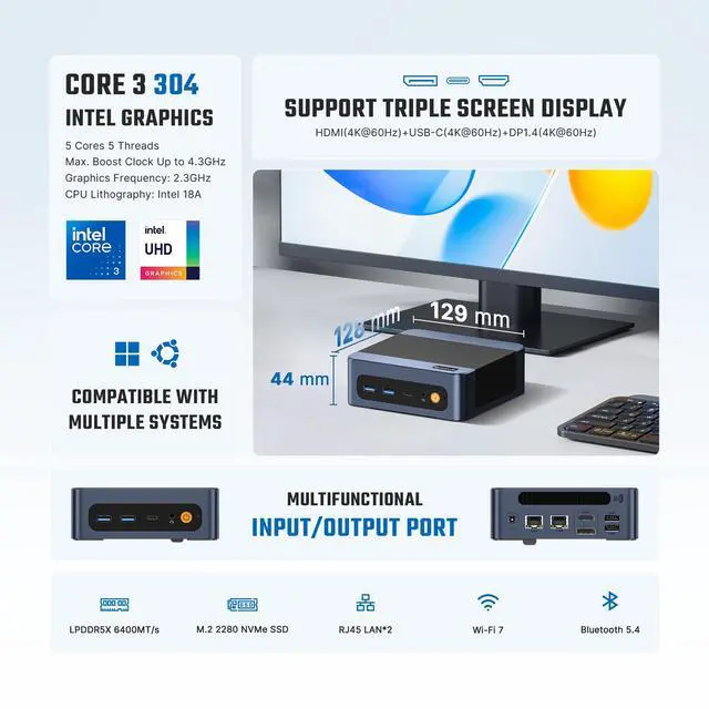 Alt view image 4 of 7 - BOSGAME E6 ECO Mini PC, Intel Core 3 304 Processor (up to 4.3GHz), 12GB LPDDR5X 512GB SSD, Dual Gigabit Ethernet, Wi-Fi 7, Triple 4K Display