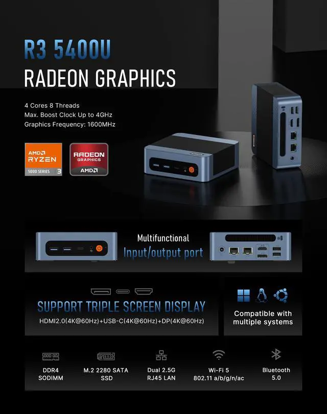 Alt view image 4 of 7 - BOSGAME E5 Plus+ Mini PC AMD Ryzen 3 5400U (4C/8T up to 4GHz) 8GB DDR4 256GB SSD Dual 2.5G LAN WiFi 5 Triple 4K Display