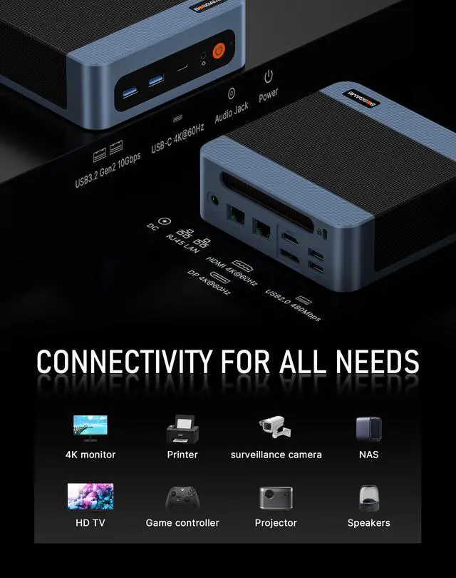 Alt view image 4 of 7 - BOSGAME E5 Mini PC Windows 11 Pro, AMD Ryzen 3 5300U(up to 3.8GHz), 8GB DDR4 RAM(64GB Max) 256GB SSD, Radeon Graphics, Triple 4K, Dual 2.5G LAN, WiFi 5 BT5.0