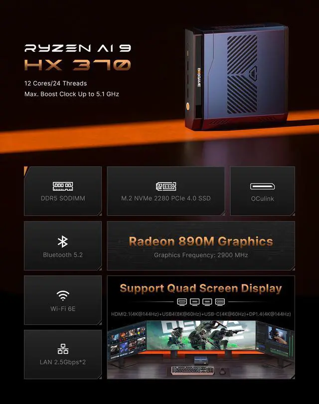 Alt view image 3 of 7 - BOSGAME M6 AI Mini PC AMD Ryzen AI 9 HX370(12C/24T, up to 5.1GHz) 32GB DDR5 1TB PCIe4.0 SSD, OCuLink|USB4(8K@60Hz)|HDMI|DP Four Outputs, 2xRJ45 2.5G, Wi-Fi 6E, AMD Radeon 890M Graphics Mini Computer