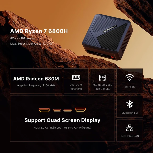 Alt view image 2 of 7 - BOSGAME P5 Pro Mini PC AMD Ryzen 7 6800H (8C/16T, up to 4.7GHz) 32GB DDR5 RAM 1TB NVMe SSD, AMD Radeon 680M, Quad 4K@60Hz Outputs via HDMI + USB-C, 2.5G LAN, Wi-Fi 6, Windows 11 Pro Desktop Computer