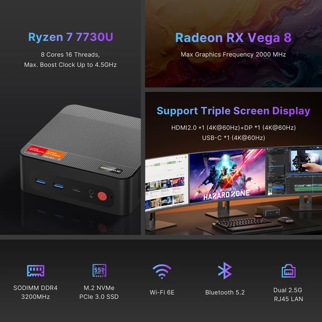 Alt view image 2 of 7 - BOSGAME P4 Ultra Mini PC AMD Ryzen 7 7730U (8C/16T, up to 4.5GHz) 16GB DDR4 RAM 1TB NVMe SSD, AMD Radeon Graphics, Triple 4K@60Hz Outputs via HDMI + DP + USB-C (Full Function), Dual 2.5G LAN, Wi-Fi 6E
