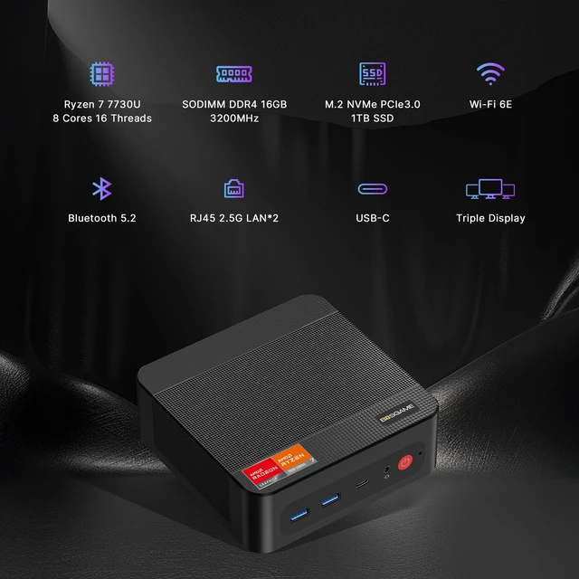 Alt view image 3 of 7 - BOSGAME P4 Ultra Mini PC AMD Ryzen 7 7730U (8C/16T, up to 4.5GHz) 16GB DDR4 RAM 1TB NVMe SSD, AMD Radeon Graphics, Triple 4K@60Hz Outputs via HDMI + DP + USB-C (Full Function), Dual 2.5G LAN, Wi-Fi 6E