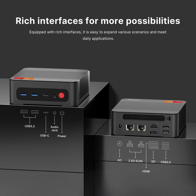 Alt view image 4 of 7 - BOSGAME P4 Ultra Mini PC AMD Ryzen 7 7730U (8C/16T, up to 4.5GHz) 16GB DDR4 RAM 1TB NVMe SSD, AMD Radeon Graphics, Triple 4K@60Hz Outputs via HDMI + DP + USB-C (Full Function), Dual 2.5G LAN, Wi-Fi 6E