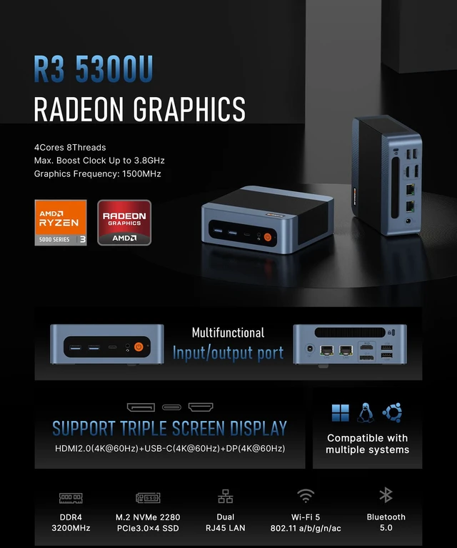 Alt view image 3 of 7 - BOSGAME E5 Mini PC AMD Ryzen 3 5300U (4C/8T, up to 3.8GHz) 16GB DDR4 RAM 1TB NVMe SSD, AMD Radeon Graphics, Triple 4K@60Hz Outputs via HDMI + DP + USB-C (Full Function), Dual 2.5G LAN, Wi-Fi 5