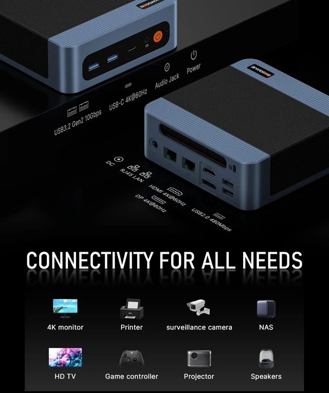 Alt view image 4 of 7 - BOSGAME E5 Mini PC AMD Ryzen 3 5300U (4C/8T, up to 3.8GHz) 16GB DDR4 RAM 1TB NVMe SSD, AMD Radeon Graphics, Triple 4K@60Hz Outputs via HDMI + DP + USB-C (Full Function), Dual 2.5G LAN, Wi-Fi 5