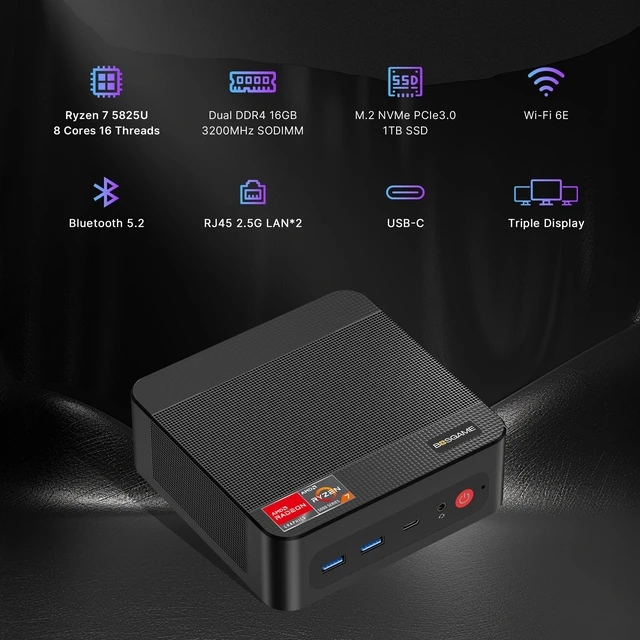 Alt view image 6 of 7 - BOSGAME P4 Plus Mini PC, AMD Ryzen 7 5825U (8C/16T, up to 4.5GHz), 32GB DDR4 (2x16GB), 1TB PCIe 4.0 NVMe SSD, Triple 4K Display, Dual 2.5G LAN, WiFi 6E & BT 5.2, Windows 11