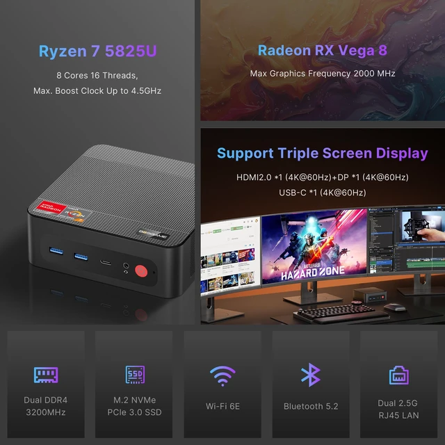 Alt view image 3 of 7 - BOSGAME P4 Plus Mini PC, AMD Ryzen 7 5825U (8C/16T, up to 4.5GHz), 32GB DDR4 (2x16GB), 1TB PCIe 4.0 NVMe SSD, Triple 4K Display, Dual 2.5G LAN, WiFi 6E & BT 5.2, Windows 11