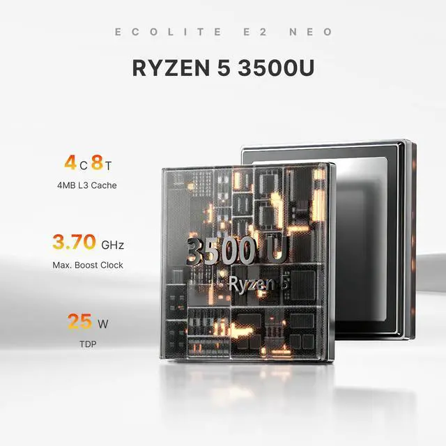 Alt view image 3 of 7 - BOSGAME E2 Neo Mini PC, AMD Ryzen 5 3500U Processor (4C/8T, up to 3.7GHz), 16GB DDR4 2400MHz 512GB PCIe3.0 SSD, 2x HDMI, USB-C, WiFi 5, BT 5.0, Gigabit LAN, Desktop Computer