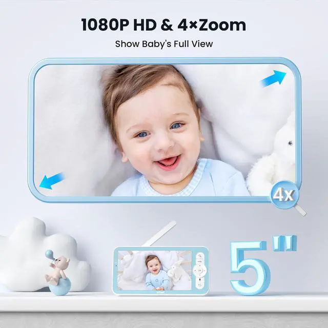Alt view image 5 of 7 - ieGeek 5'' Baby Monitor, WiFi Smartphone 1080P Baby Camera Via Screen and App Control, Night Vision Video Baby Monitor with Sound& Motion Detection, 2-Way Talk, 360° PTZ, LCD Monitor Control