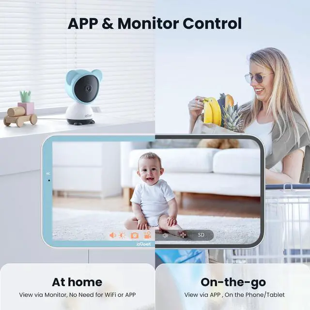 Alt view image 7 of 7 - ieGeek 5'' Baby Monitor, WiFi Smartphone 1080P Baby Camera Via Screen and App Control, Night Vision Video Baby Monitor with Sound& Motion Detection, 2-Way Talk, 360° PTZ, LCD Monitor Control