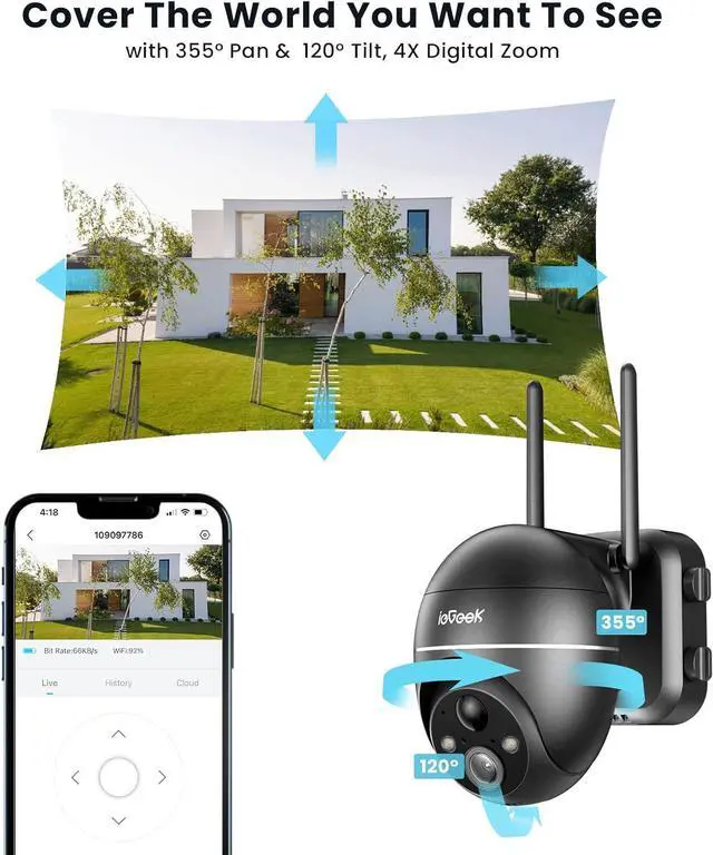 Alt view image 4 of 7 - ieGeek 5MP Security Cameras Wireless Outdoor, Solar Outdoor Security Cameras System 360° PTZ with Spotlight & Siren, 2.4Ghz Outdoor Cameras for Home Security,Color Night Vision, Work with Alexa