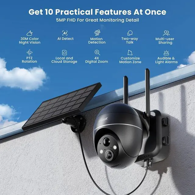 Alt view image 7 of 7 - ieGeek 5MP Security Cameras Wireless Outdoor, Solar Outdoor Security Cameras System 360° PTZ with Spotlight & Siren, 2.4Ghz Outdoor Cameras for Home Security,Color Night Vision, Work with Alexa