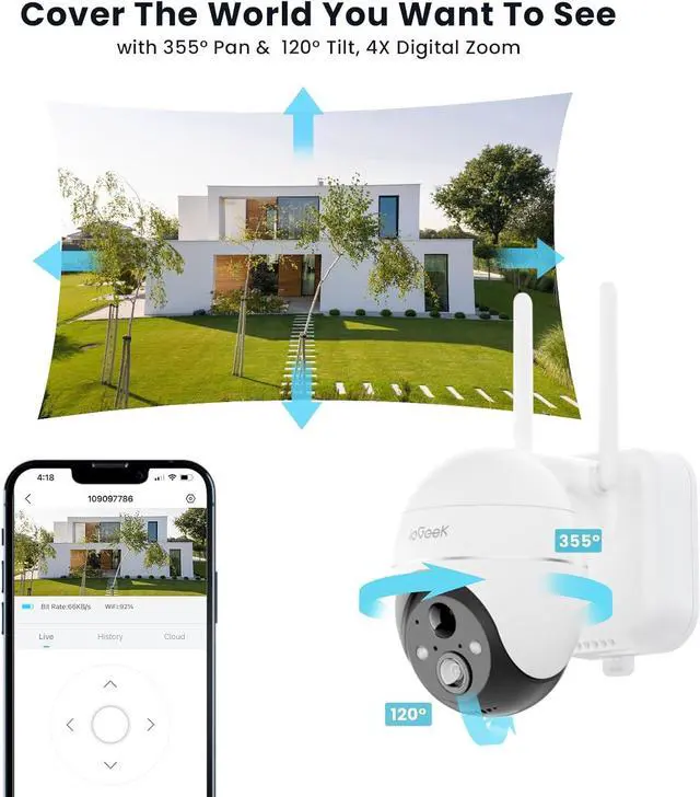 Alt view image 6 of 7 - ieGeek 5MP Security Cameras Wireless Outside, Solar Camera Outdoor Wireless WiFi 360° PTZ Battery Powered with Spotlight & Siren/Motion Detection/Color Night Vision/2-Way Audio/IP65, Works with Alexa