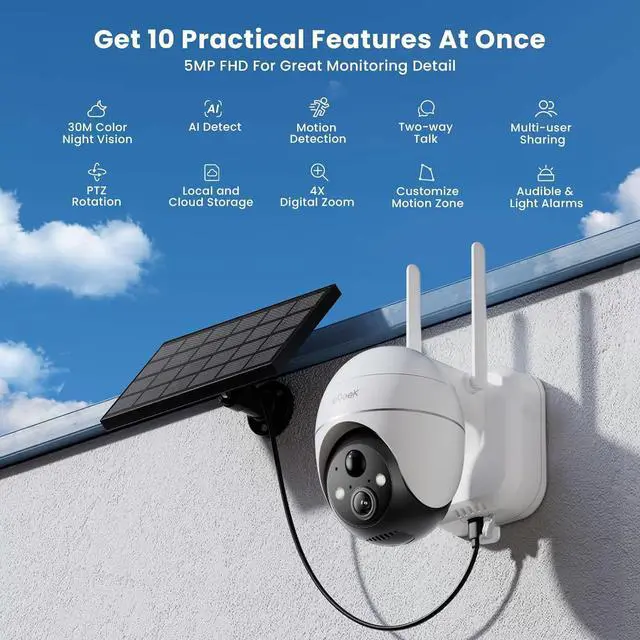 Alt view image 2 of 7 - ieGeek 5MP Security Cameras Wireless Outside, Solar Camera Outdoor Wireless WiFi 360° PTZ Battery Powered with Spotlight & Siren/Motion Detection/Color Night Vision/2-Way Audio/IP65, Works with Alexa