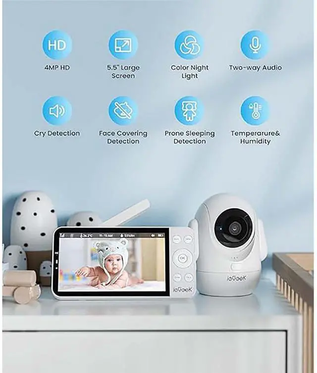 Alt view image 2 of 7 - ieGeek Video Baby Monitor with Camera and Audio - 1080P FHD Monitor WiFi Smartphone - Night Vision, Motion Detection, Temper & Humidity Sensor, 2.4GHz WiFi, Pan-Tilt-Zoom via 4.3" Screen and Free APP