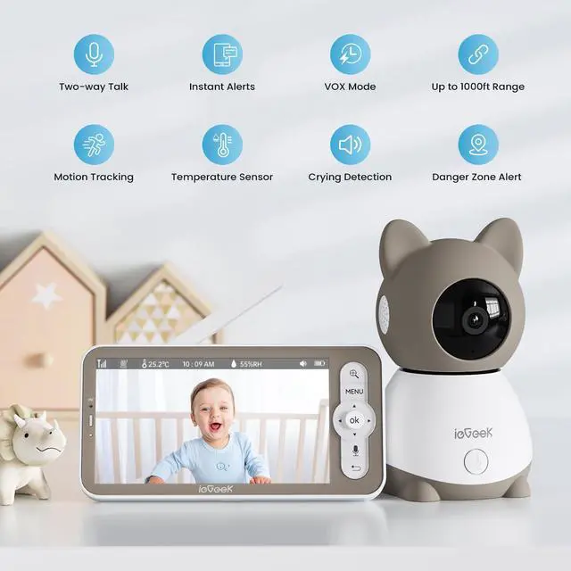 Alt view image 2 of 7 - ieGeek Baby Monitor with 2K Camera and Audio - Video Monitor with 5" Screen - Night Vision, Two-Way Talk, Cry & Motion Detection, Temper& Humidity Sensor, PTZ, Remote Control via Screen and Free APP