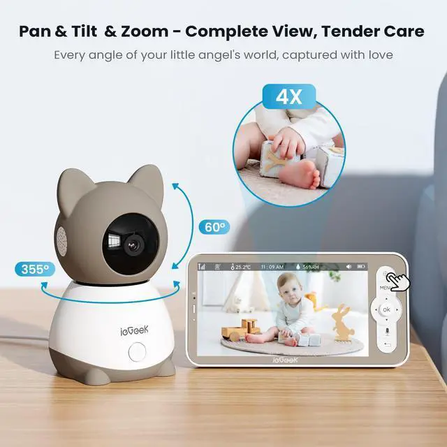 Alt view image 6 of 7 - ieGeek Baby Monitor with 2K Camera and Audio - Video Monitor with 5" Screen - Night Vision, Two-Way Talk, Cry & Motion Detection, Temper& Humidity Sensor, PTZ, Remote Control via Screen and Free APP