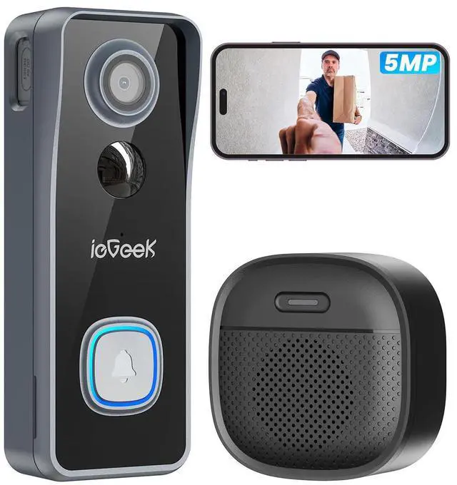 Main image of ieGeek 5MP Doorbell Camera Wireless No Subscription- Video Doorbell Wireless with Chime, Doorbell with Camera, Voice Changer, 2-Way Audio, PIR Motion Detection, 2.4Ghz WiFi, Compatible with Alexa