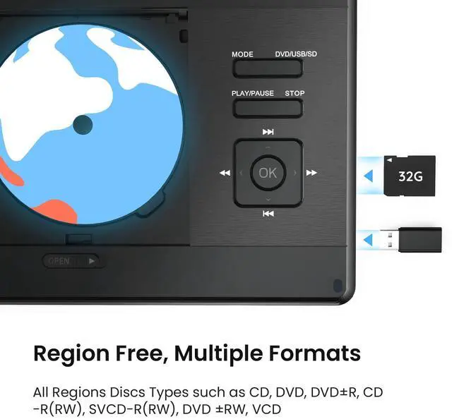 Alt view image 7 of 7 - ieGeek 15.9" Portable DVD Player - with 14.1" Large HD Screen, 6 Hours Rechargeable Battery, High Volume Speakers, Region Free, Support USB/SD/Headphone/Sync TV and Multiple Formats, Slow Play, Black