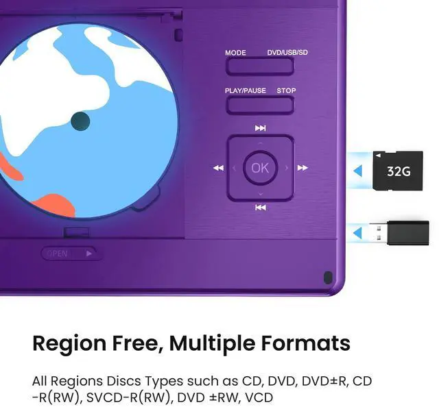 Alt view image 6 of 6 - ieGeek 15.9" Portable DVD Player - with 14.1" Large HD Screen, 6 Hours Rechargeable Battery, High Volume Speakers, Region Free, Support USB/SD/Headphone/Sync TV and Multiple Formats, Slow Play, Purple