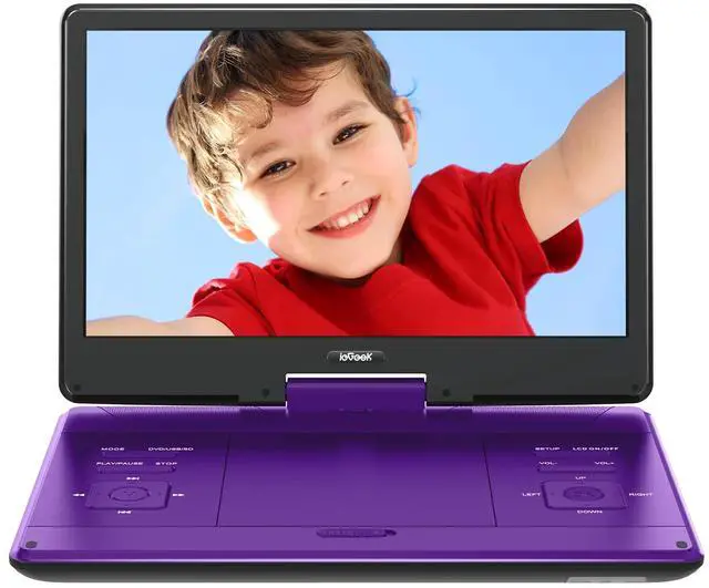 Main image of ieGeek 15.9" Portable DVD Player - with 14.1" Large HD Screen, 6 Hours Rechargeable Battery, High Volume Speakers, Region Free, Support USB/SD/Headphone/Sync TV and Multiple Formats, Slow Play, Purple