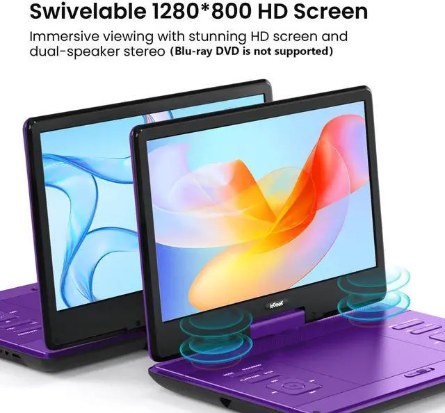 Alt view image 2 of 6 - ieGeek 15.9" Portable DVD Player - with 14.1" Large HD Screen, 6 Hours Rechargeable Battery, High Volume Speakers, Region Free, Support USB/SD/Headphone/Sync TV and Multiple Formats, Slow Play, Purple