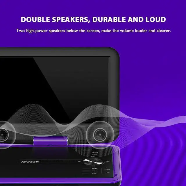Alt view image 5 of 7 - ieGeek 11.5" Portable DVD Player for Kids and Car, 9.5" Eye-Protective Screen with 5 Hours Rechargeable Battery, Support Sync TV/USB/SD Card and Multiple Disc Formats, Regions Free Purple