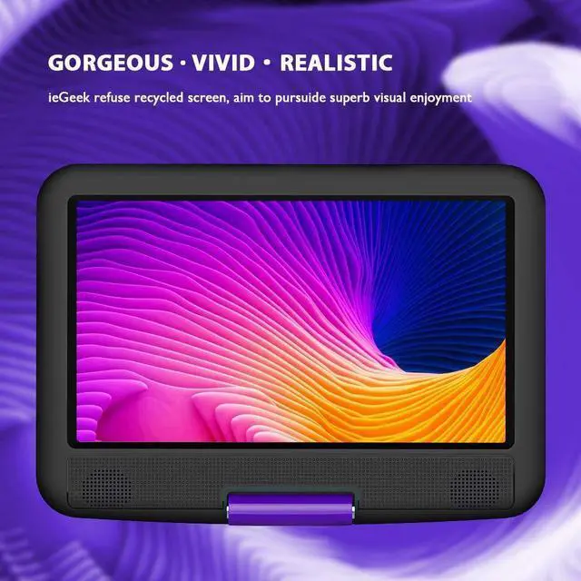 Alt view image 2 of 7 - ieGeek 11.5" Portable DVD Player for Kids and Car, 9.5" Eye-Protective Screen with 5 Hours Rechargeable Battery, Support Sync TV/USB/SD Card and Multiple Disc Formats, Regions Free Purple