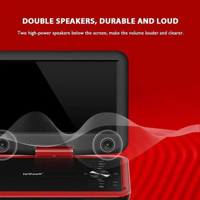 Alt view image 5 of 7 - ieGeek 11.5" Portable DVD Player for Kids and Car, 9.5" Eye-Protective Screen with 5 Hours Rechargeable Battery, Support Sync TV/USB/SD Card and Multiple Disc Formats, Regions Free Red