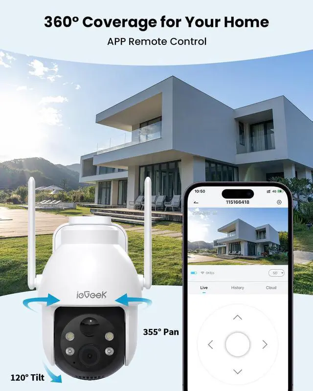 Alt view image 2 of 7 - ieGeek Solar Camera Outdoor Wireless, 2K WiFi Outside Cameras for Home Security, Battery Powered 3MP Surveillance Cam with 360° PTZ Color Night Vision, PIR Motion Detection Sensor, Siren, 2-Way Audio