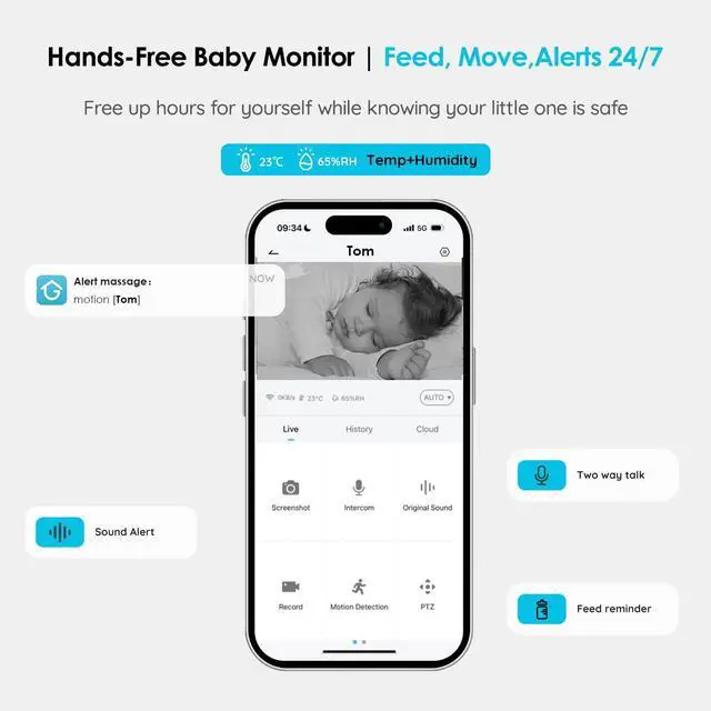 Alt view image 3 of 7 - ieGeek Baby Monitor with Camera and Audio, 5" Split Screen HD Video Monitor - Secure WiFi Baby Camera with Night Vision, 2-Way Talk, Motion Detection, Temperature&Humidity Sensor, Privacy Protection