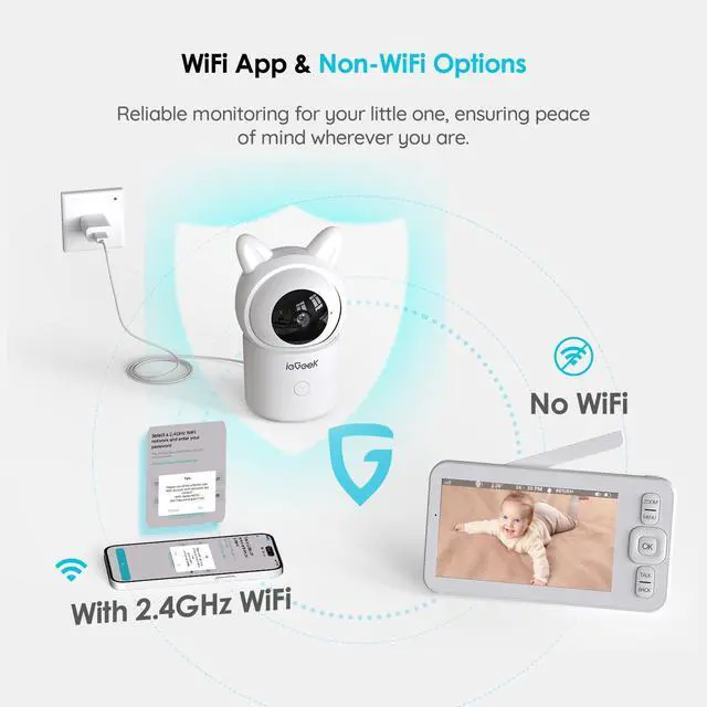 Alt view image 6 of 7 - ieGeek Baby Monitor with Camera and Audio, 5" Split Screen HD Video Monitor - Secure WiFi Baby Camera with Night Vision, 2-Way Talk, Motion Detection, Temperature&Humidity Sensor, Privacy Protection