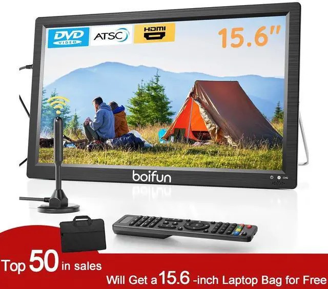 Main image of Boifun 15.6" Portable TV+DVD Player with Antenna Built-in, FM Radio, 5000mAh Battery, Support HDMI Input/USB/TF/AV Out and Multiple Disc Formats, Small TV DVD Combo for Camping Patio RV Kitchen