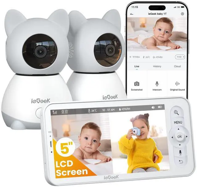 Main image of ieGeek Baby Monitor with 2 Cameras, 5" Large Screen Split-Screen Video Baby Monitor | 2K HD Non-WiFi Monitor with App & Parent Unit | Night Vision, 2-Way Audio, Cry Detection, Temperature Sensor