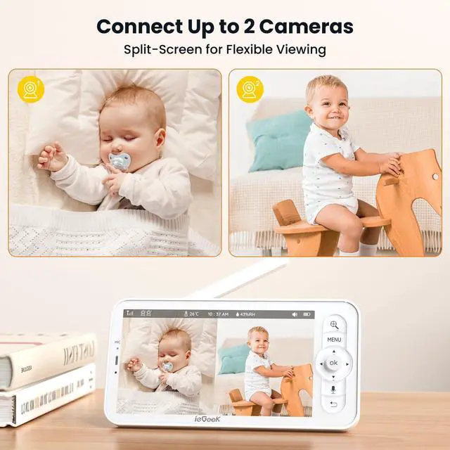 Alt view image 2 of 7 - ieGeek Baby Monitor with 2 Cameras, 5" Large Screen Split-Screen Video Baby Monitor | 2K HD Non-WiFi Monitor with App & Parent Unit | Night Vision, 2-Way Audio, Cry Detection, Temperature Sensor