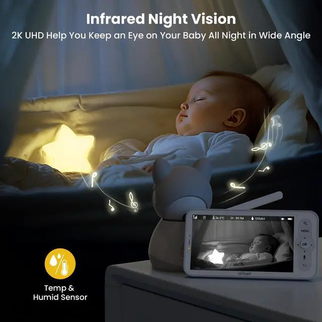 Alt view image 5 of 7 - ieGeek Baby Monitor with 2 Cameras, 5" Large Screen Split-Screen Video Baby Monitor | 2K HD Non-WiFi Monitor with App & Parent Unit | Night Vision, 2-Way Audio, Cry Detection, Temperature Sensor