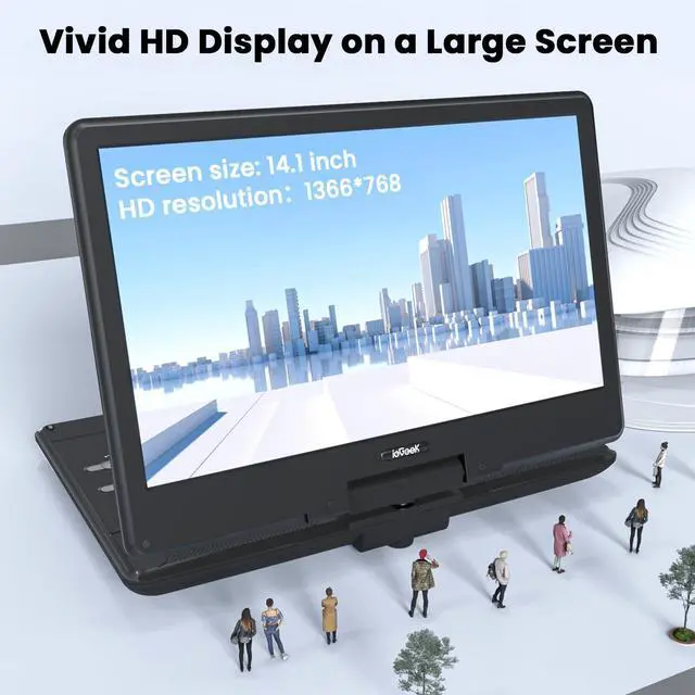 Alt view image 7 of 7 - ieGeek 15.9" DVD Player Portable with 14.1" Swivel Screen, HDMI Input, 6-Hour Rechargeable Battery, Region Free, USB/SD Playback, Ideal Gift for Seniors, Kids and Travel, Black