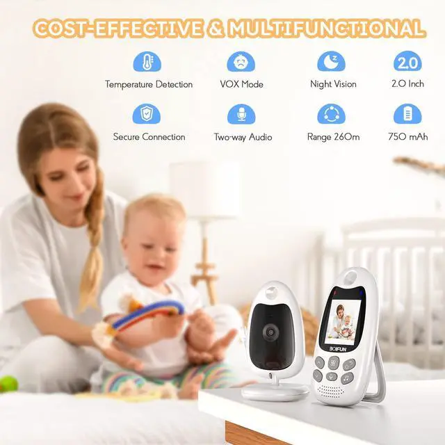 Alt view image 2 of 7 - 2026 Upgraded Baby Monitor with Camera and Night Vision, No WiFi,Two-way Audio, 2-inch Screen, VOX/ECO Mode, Rechargeable Battery, Video, Lullabies, Feeding Reminder, Temperature Sensor, Gift